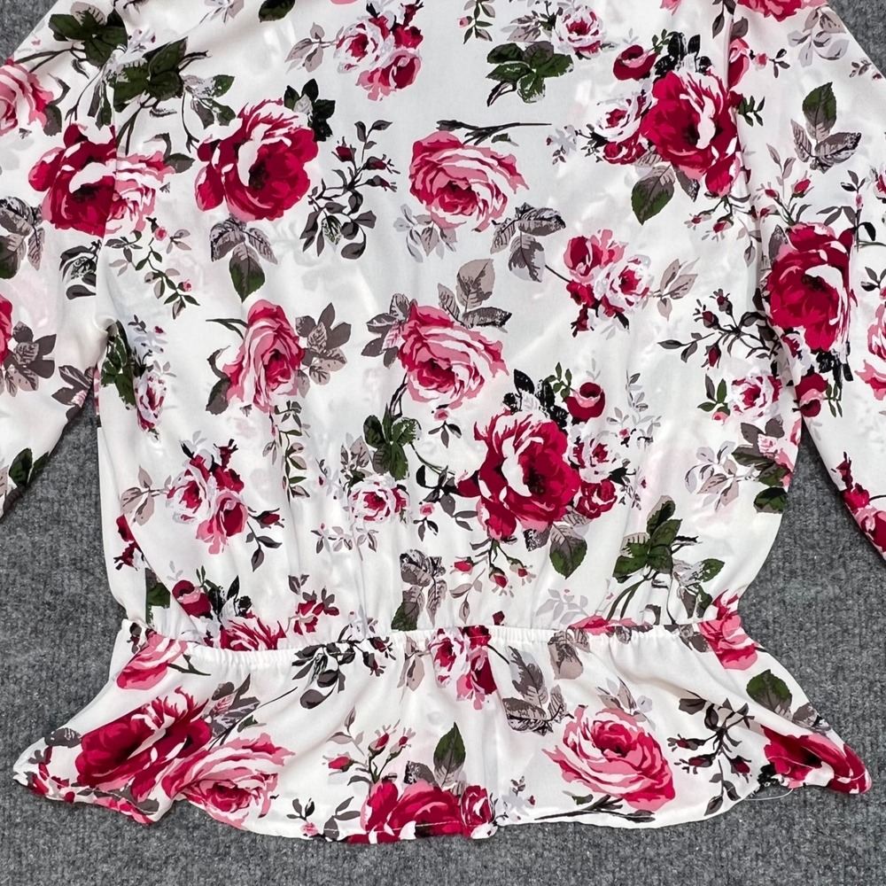 Ambiance Peplum Blouse Womens Large White Pink Floral Surplice Ruffle Cuff Top - Picture 6 of 9
